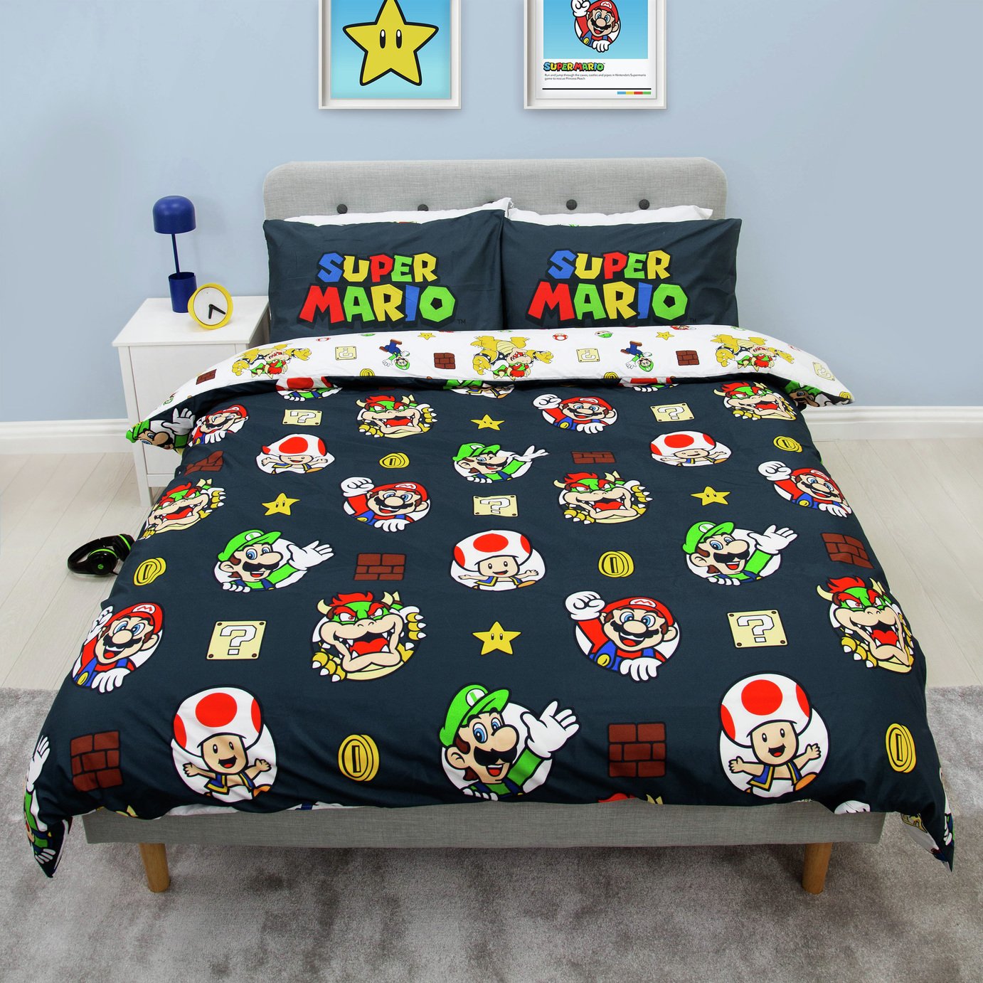 Nintendo Super Mario Black and White Kids Bedding Set-Double