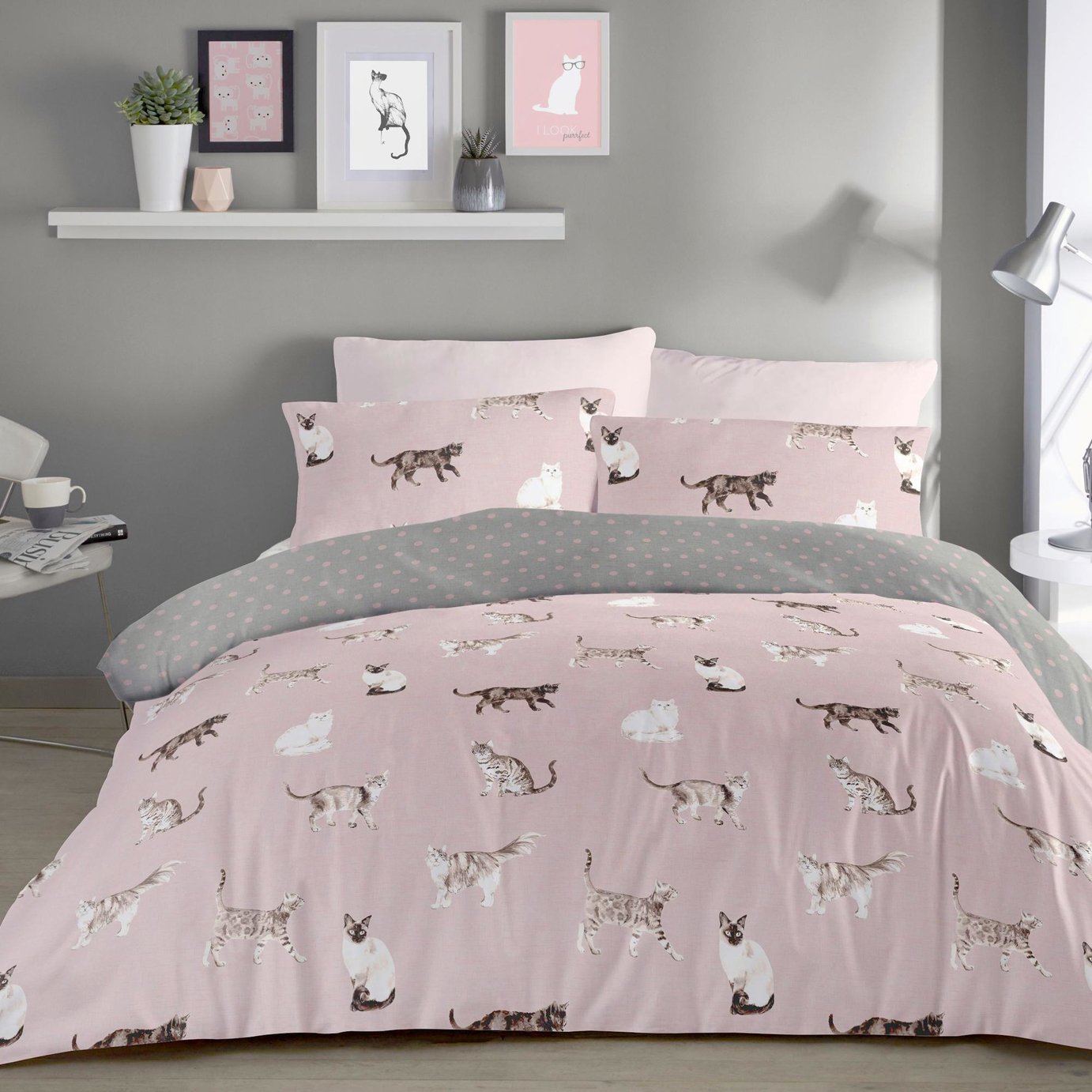 Fusion Cats Printed Blush Pink Bedding Set - Double