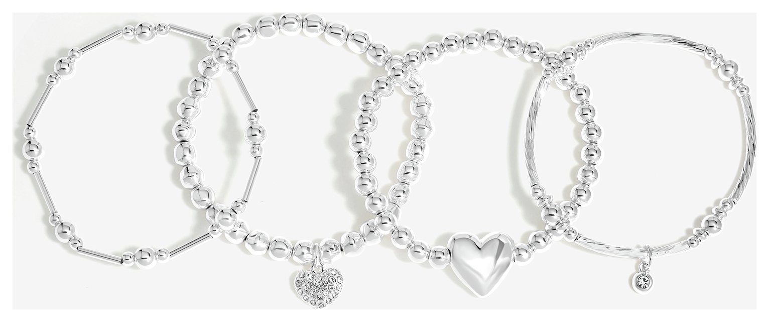 Lipsy Silver Polished Ball Heart Charm Stretch Bracelets