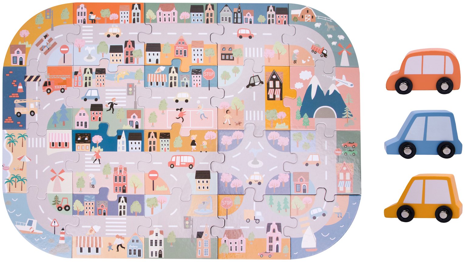 Chad Valley City Road Jigsaw Puzzle with 3 Cars