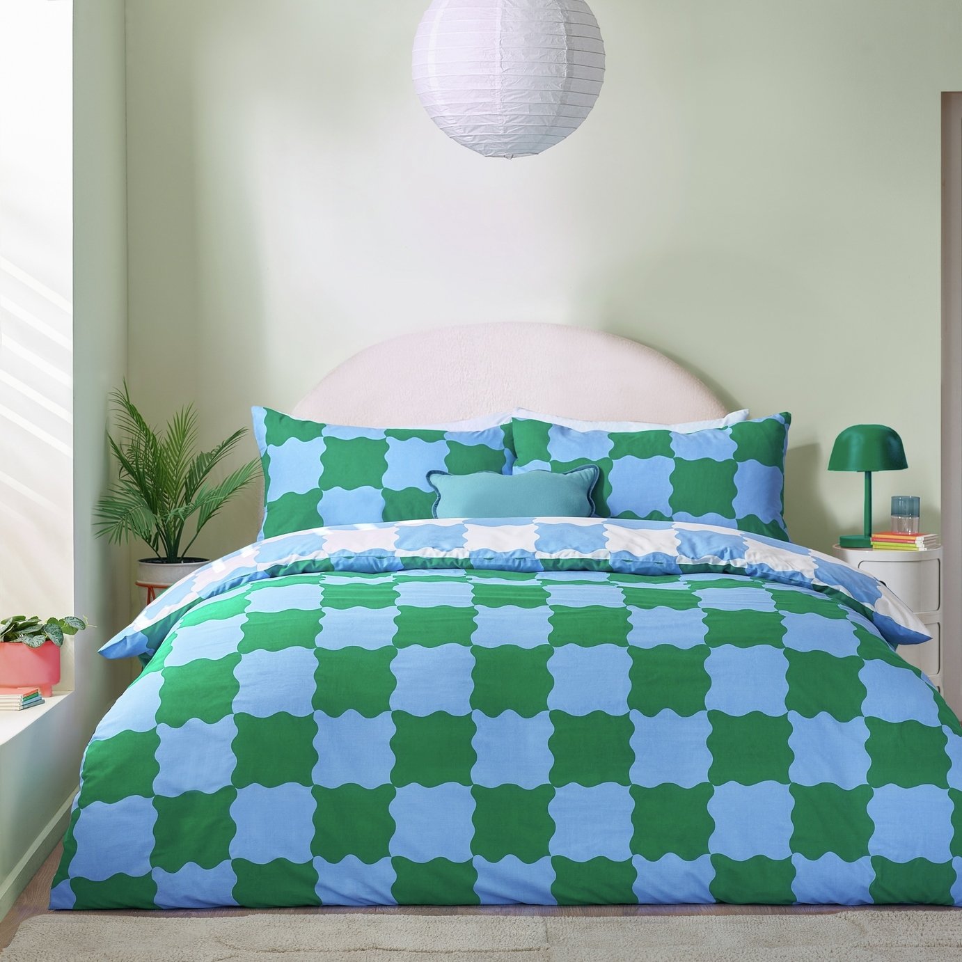 Heya Home Checkerboard Blue & Green Bedding Set - Superking