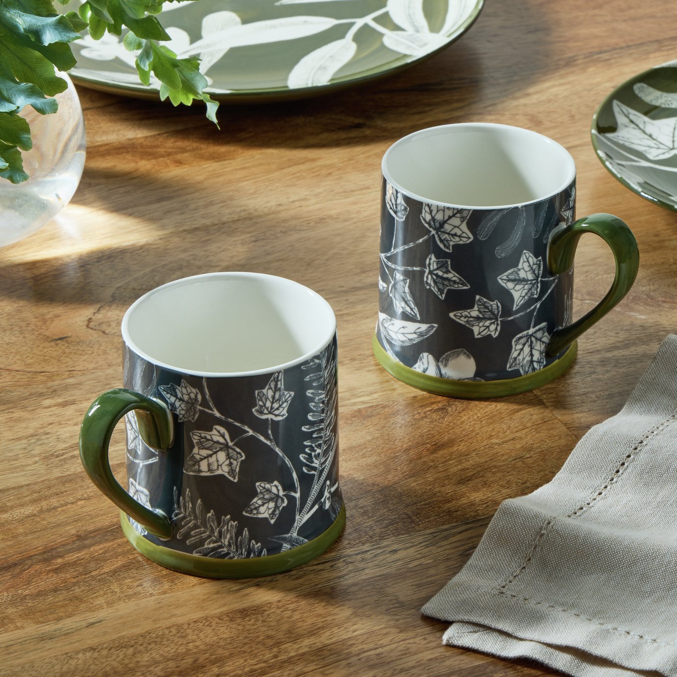 Habitat Floral Set of 2 Tankard Mugs - Grey & Cream