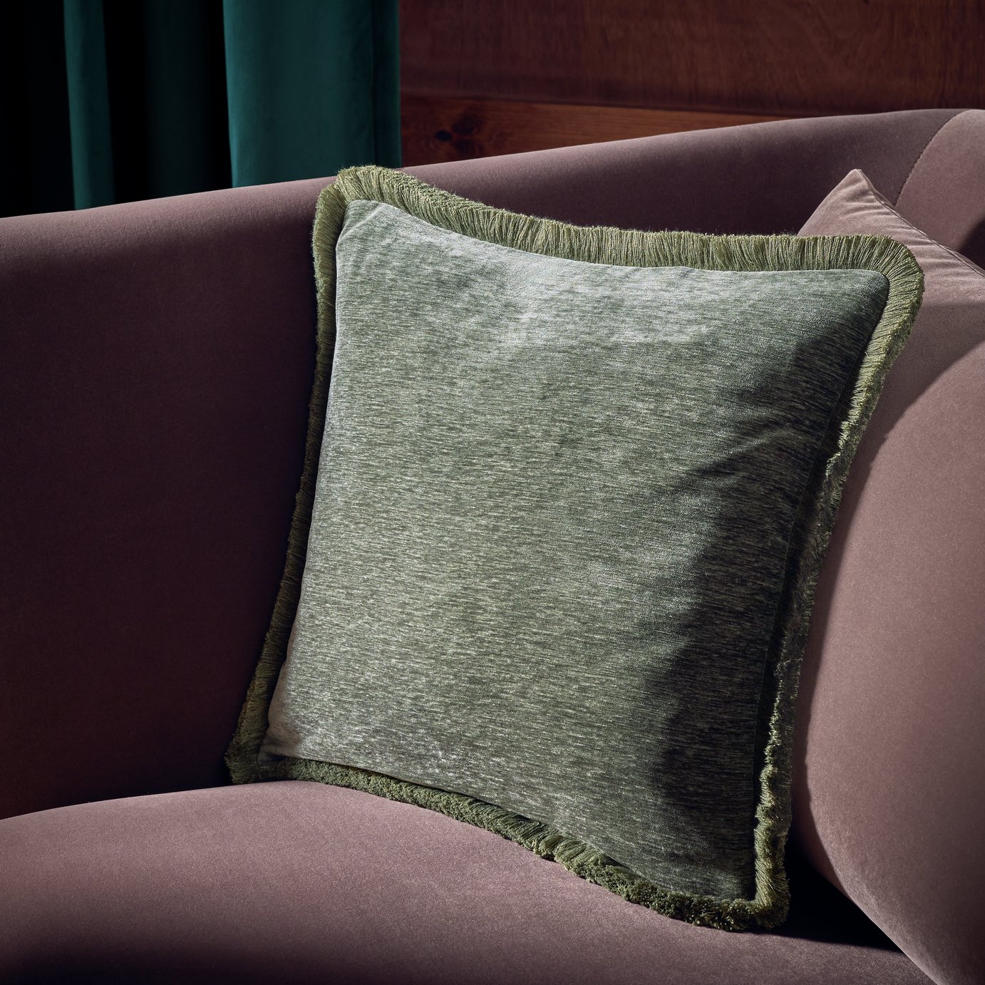 Habitat Chenille Fringe Cushion - Green - 43x43cm