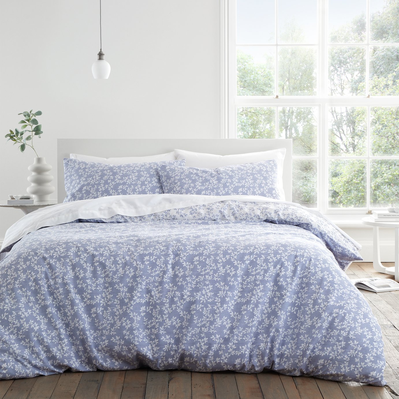 Bianca Cotton Shadow Leaves Blue Bedding Set - Superking