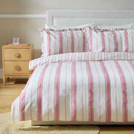 Habitat Stripe Frill White & Pink Bedding Set - Single
