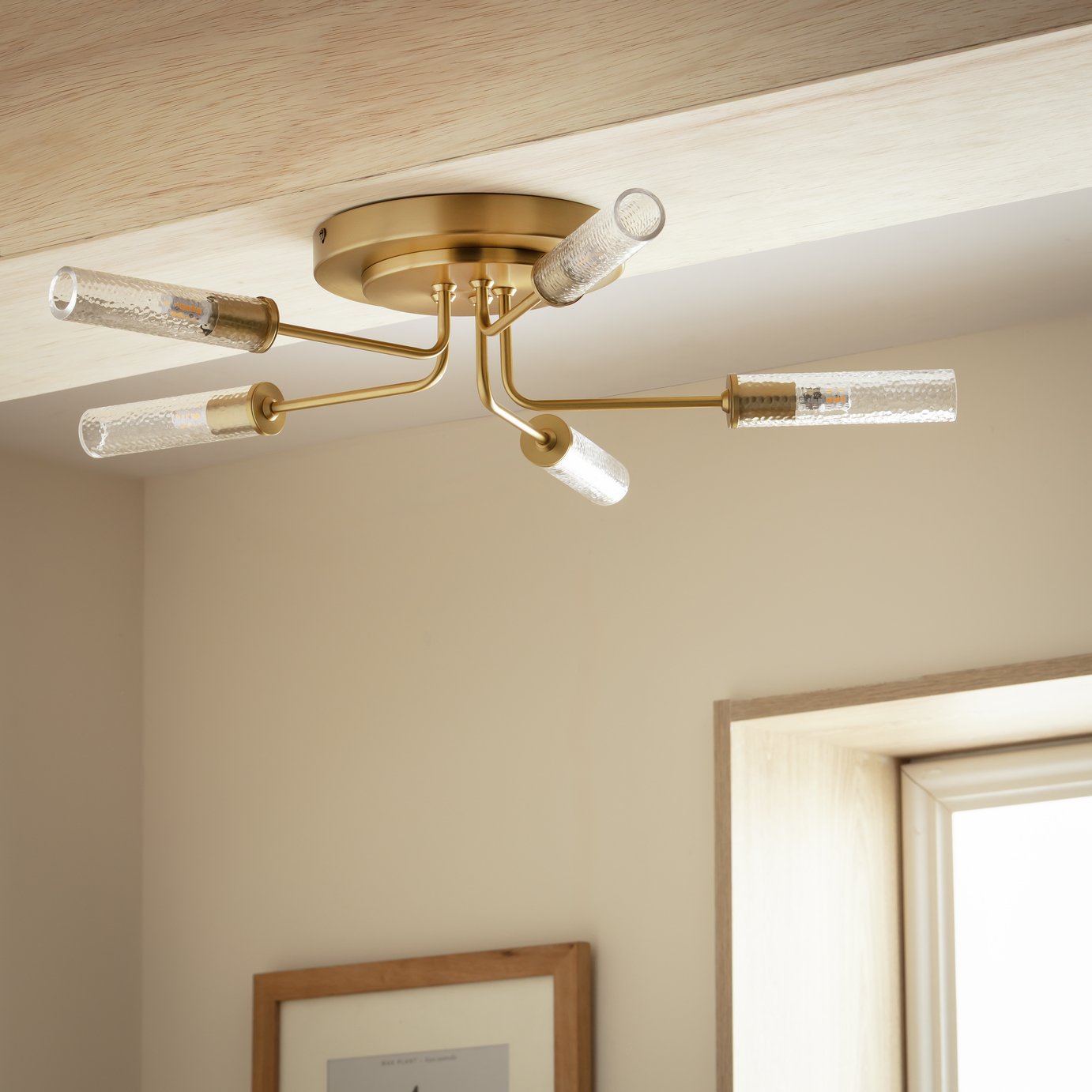 Habitat Hammered Glass 5Light Semi Flush Ceiling Light-Brass