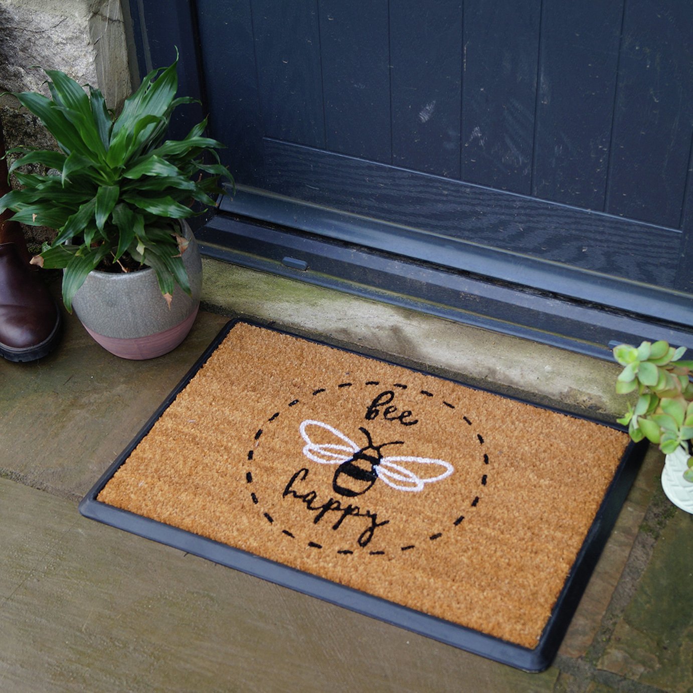 Mighty Mats Rubber Bee Happy Cut Pile Doormat - 40x60cm