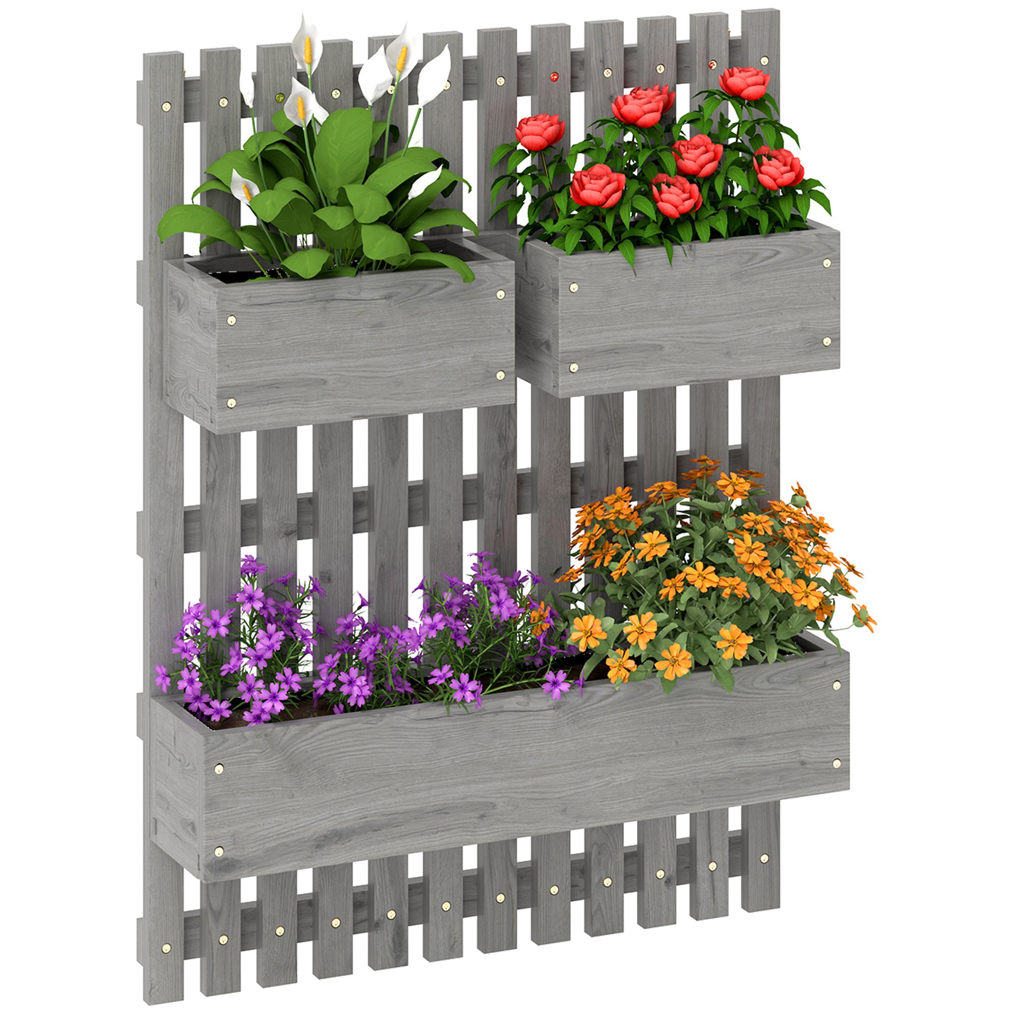Outsunny Wooden Wall Mounted Garden Planters with Trellis - Grey