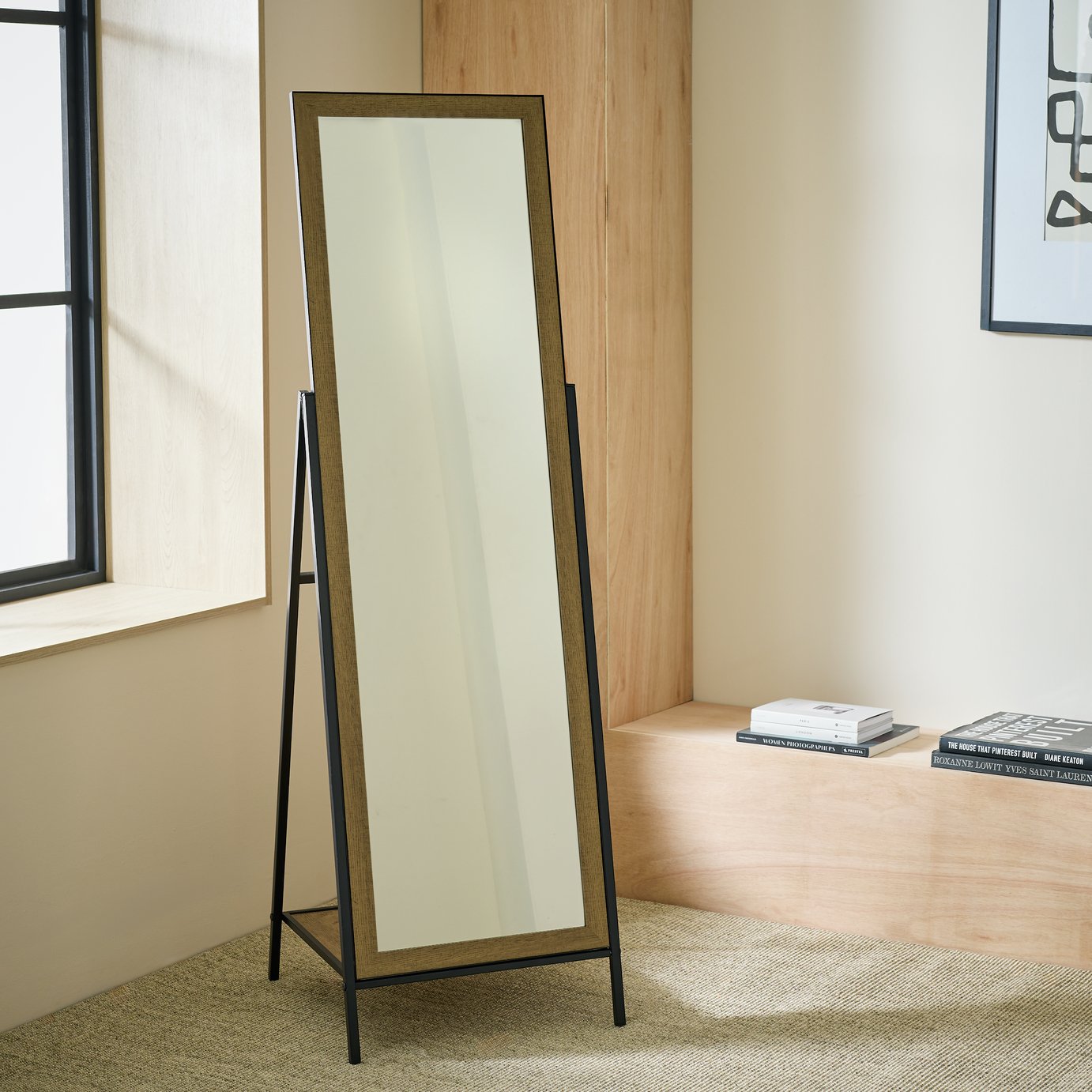 Habitat Black Metal & Wood Freestanding Mirror - 147x45cm