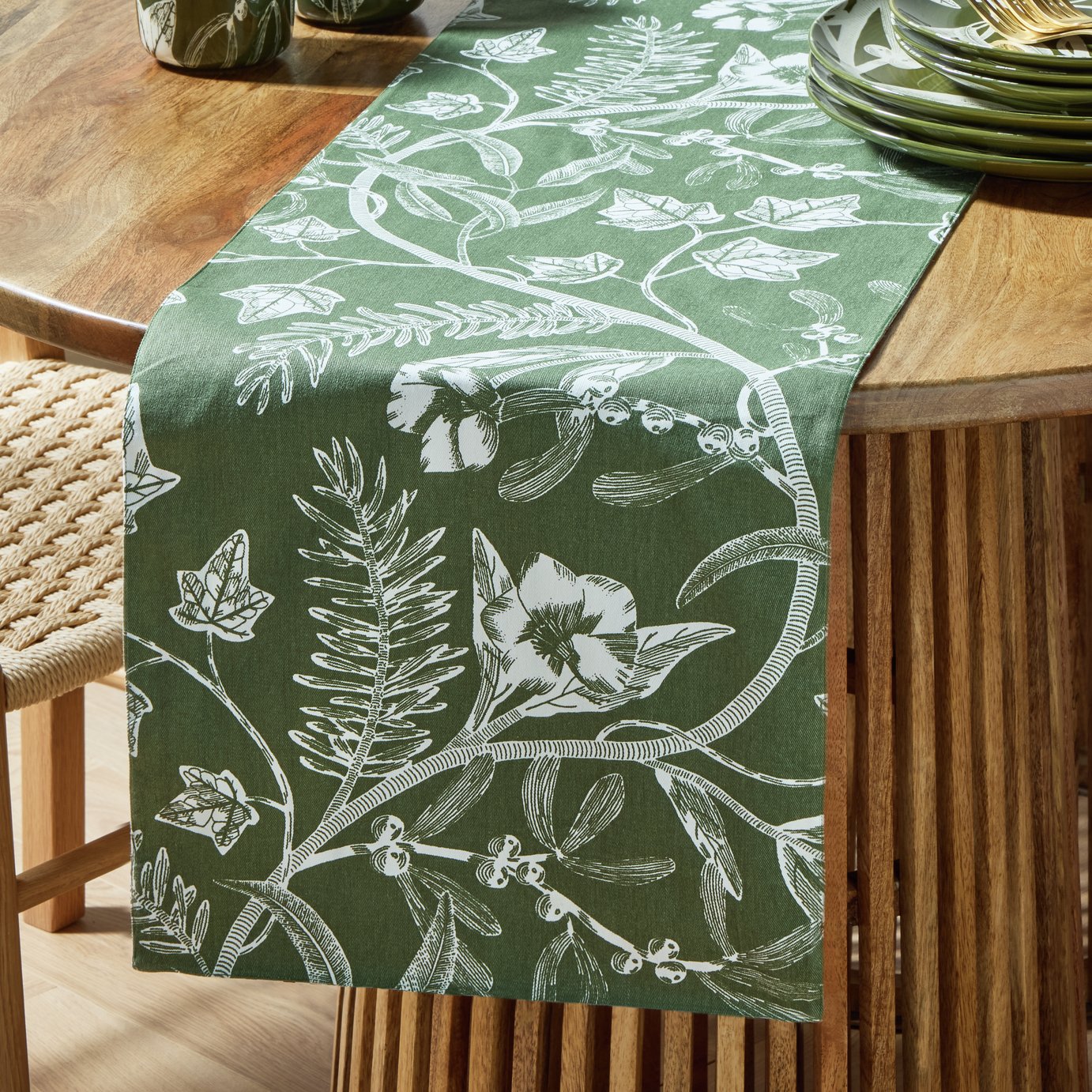 Habitat Floral Reversible Cotton Table Runner - Green