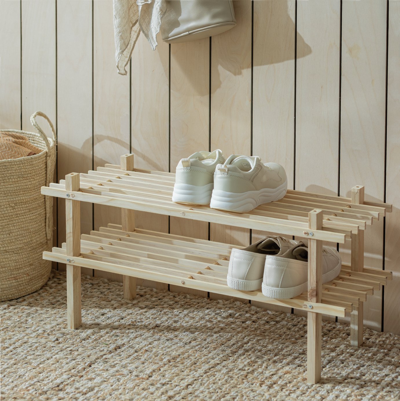 Argos Home 2 Shelf Stackable Shoe Rack - Solid Pine