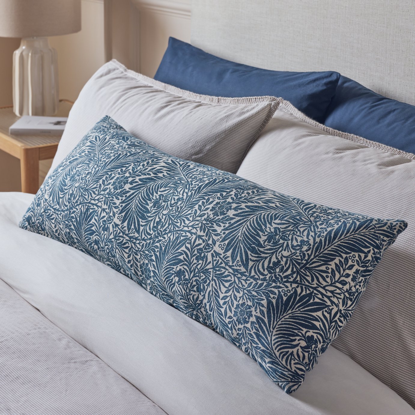 Argos Home Lino Floral Lumbar Cushion Navy - 80x30cm
