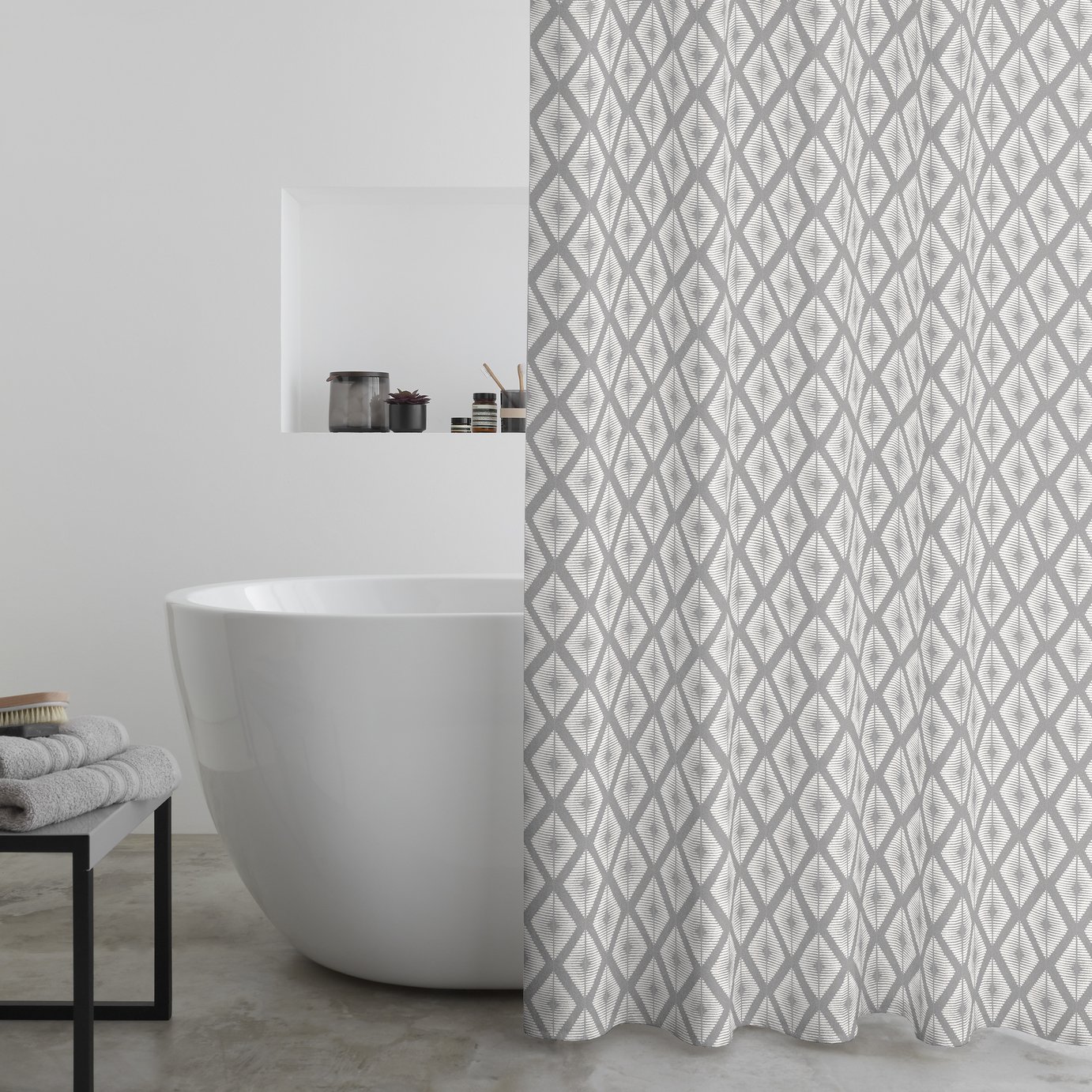 Catherine Lansfield Diamond Tile Shower Curtain-Silver Grey