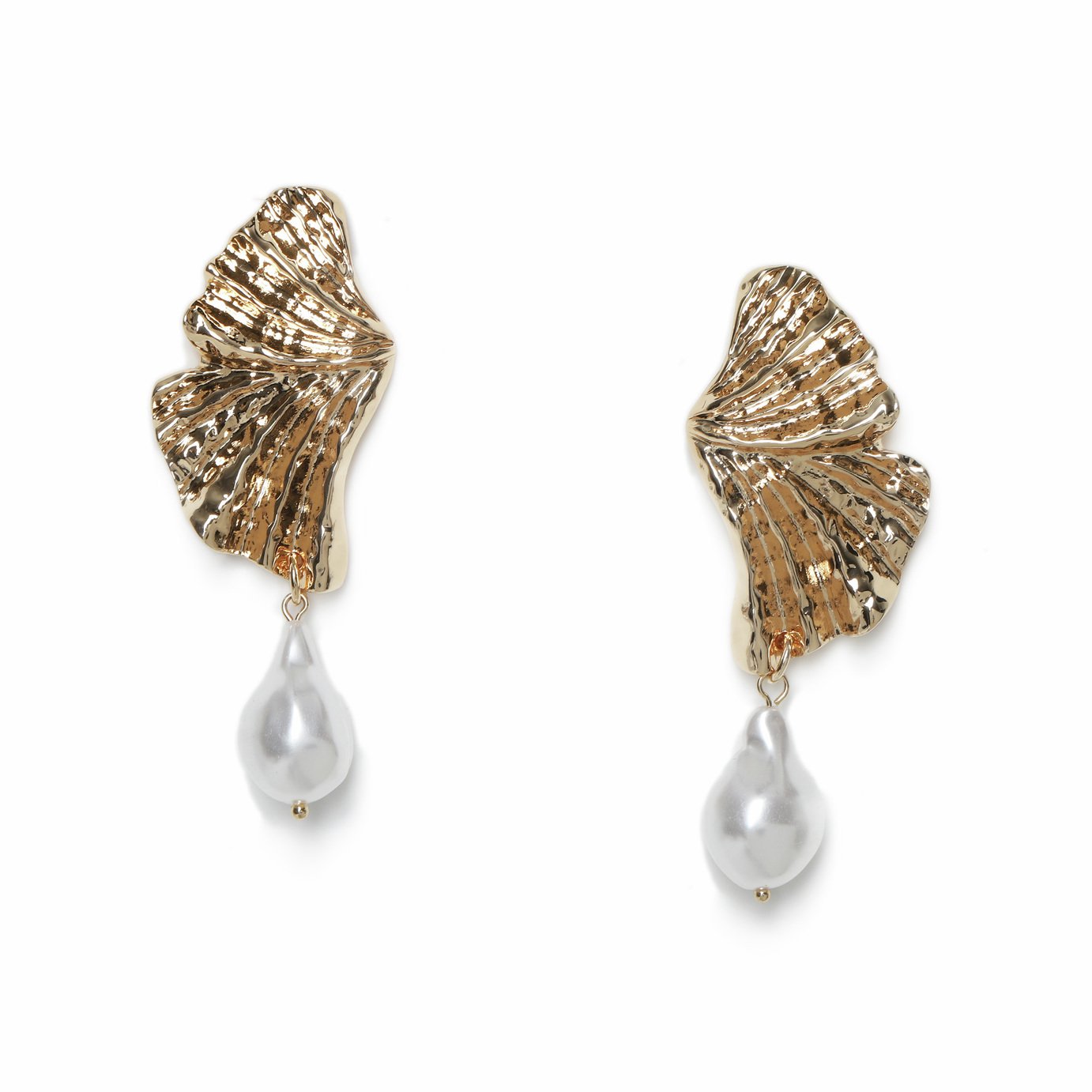 Freedom Gold Petal Hanging Faux Pearl Drop Stud Earrings