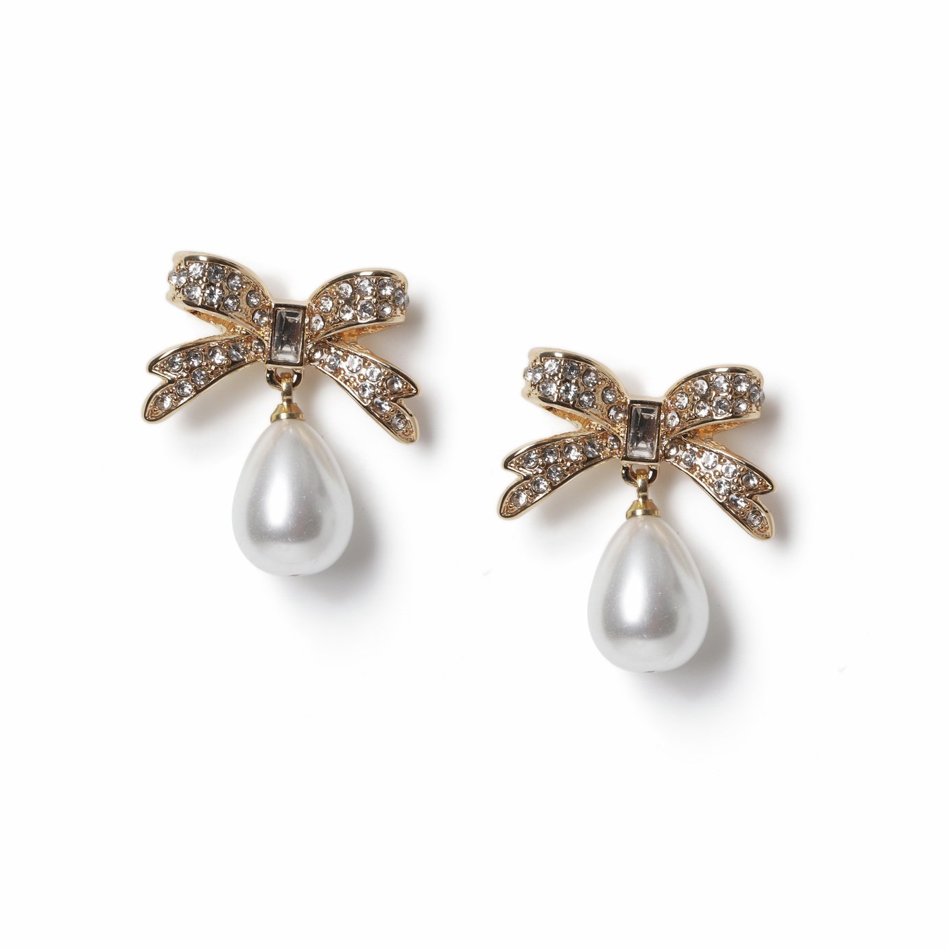 Freedom Gold Rhinestone Bow and Pearl Drop Earrings