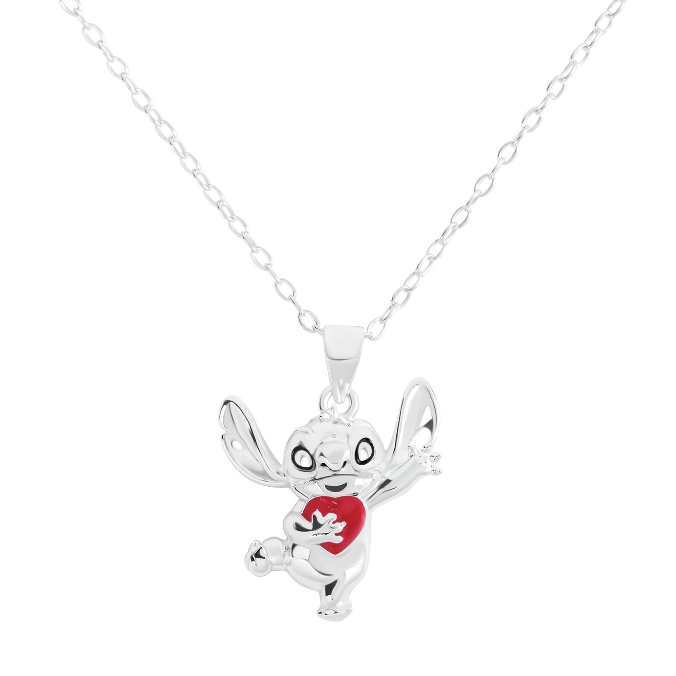 Disney Sterling Silver Stitch Red Heart Pendant Necklace