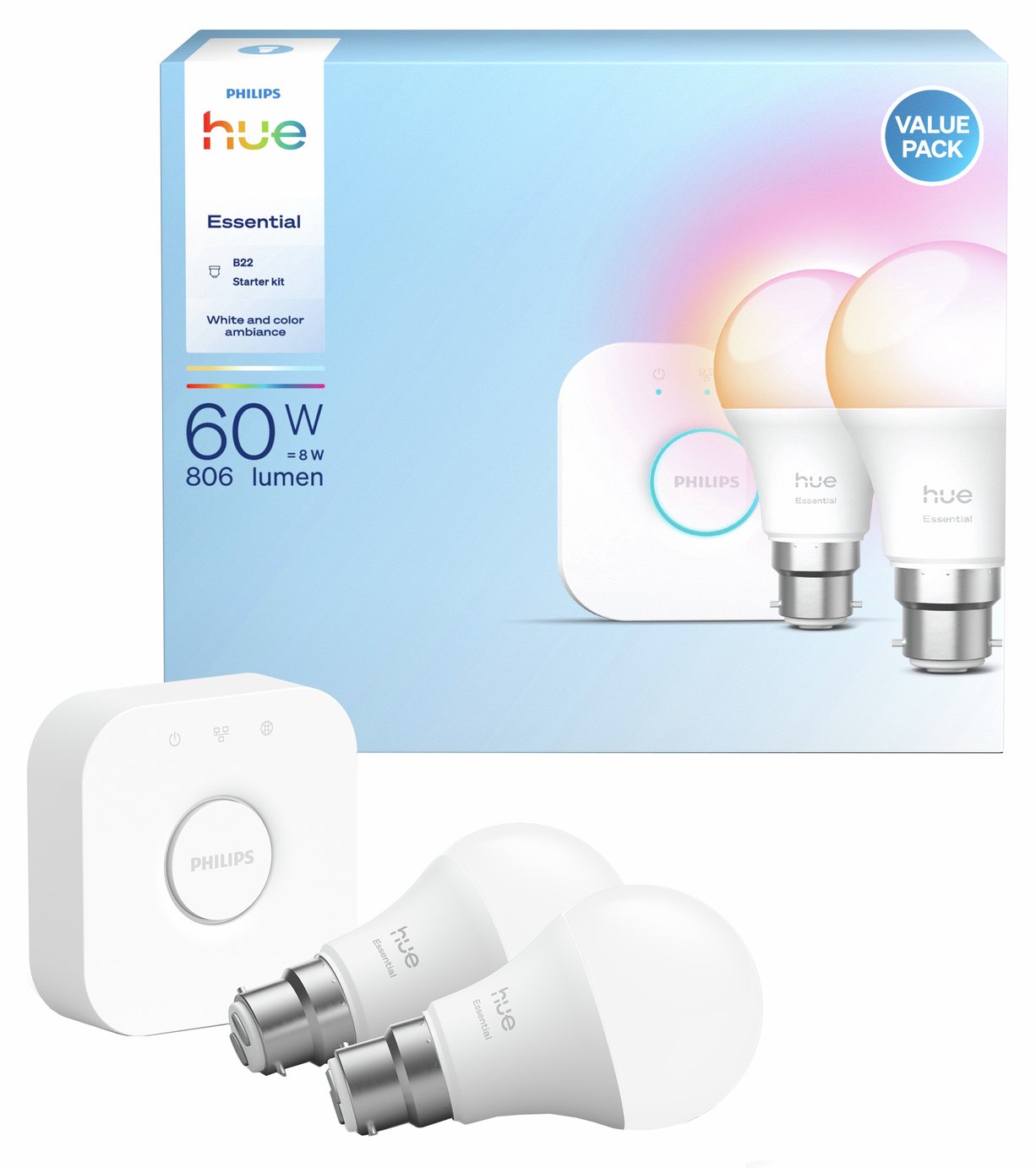 Philips Hue Essential B22 8W Smart Light Bulb - Pack of 2