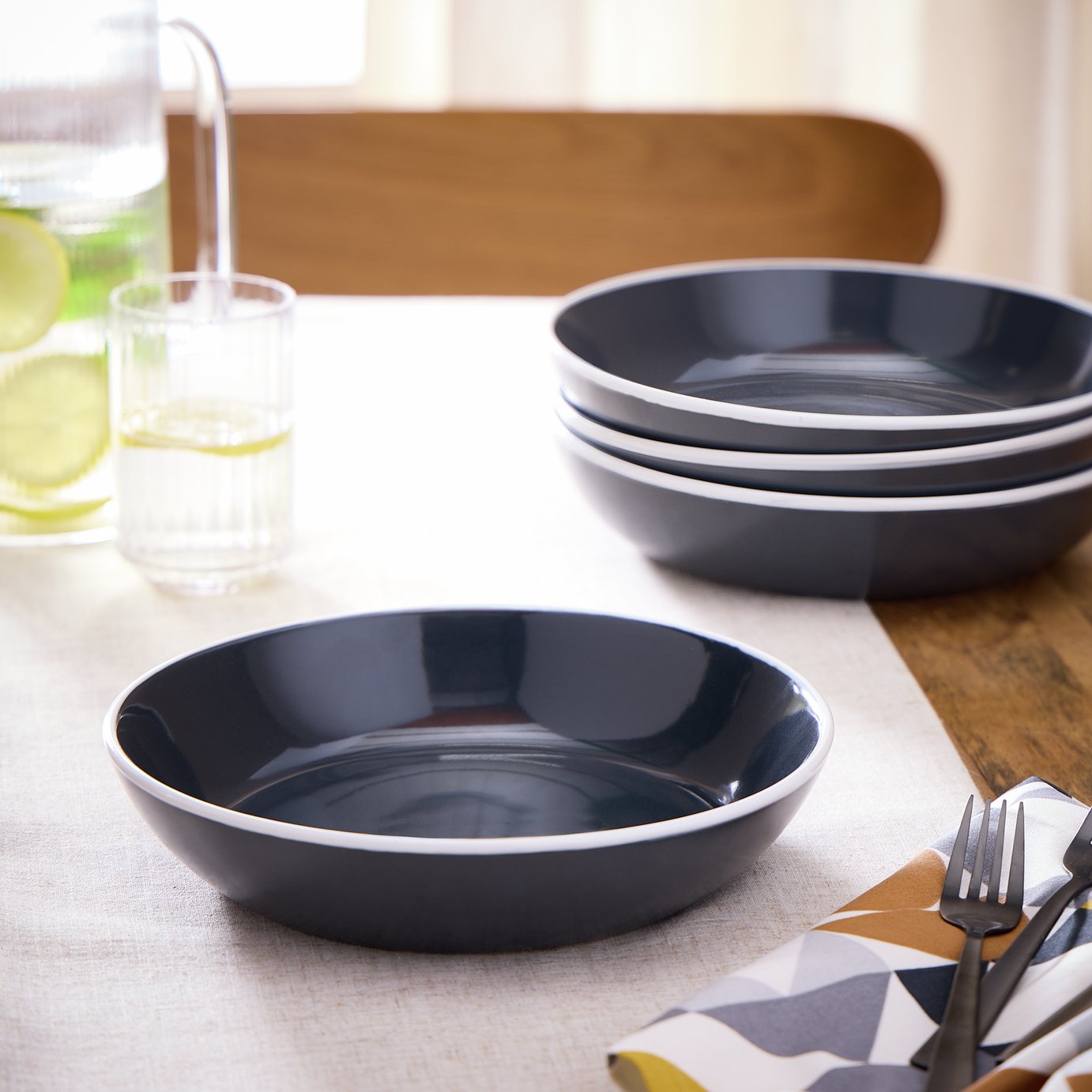 Argos Home White Rim 4 Piece Stoneware Pasta Bowl - Charcoal