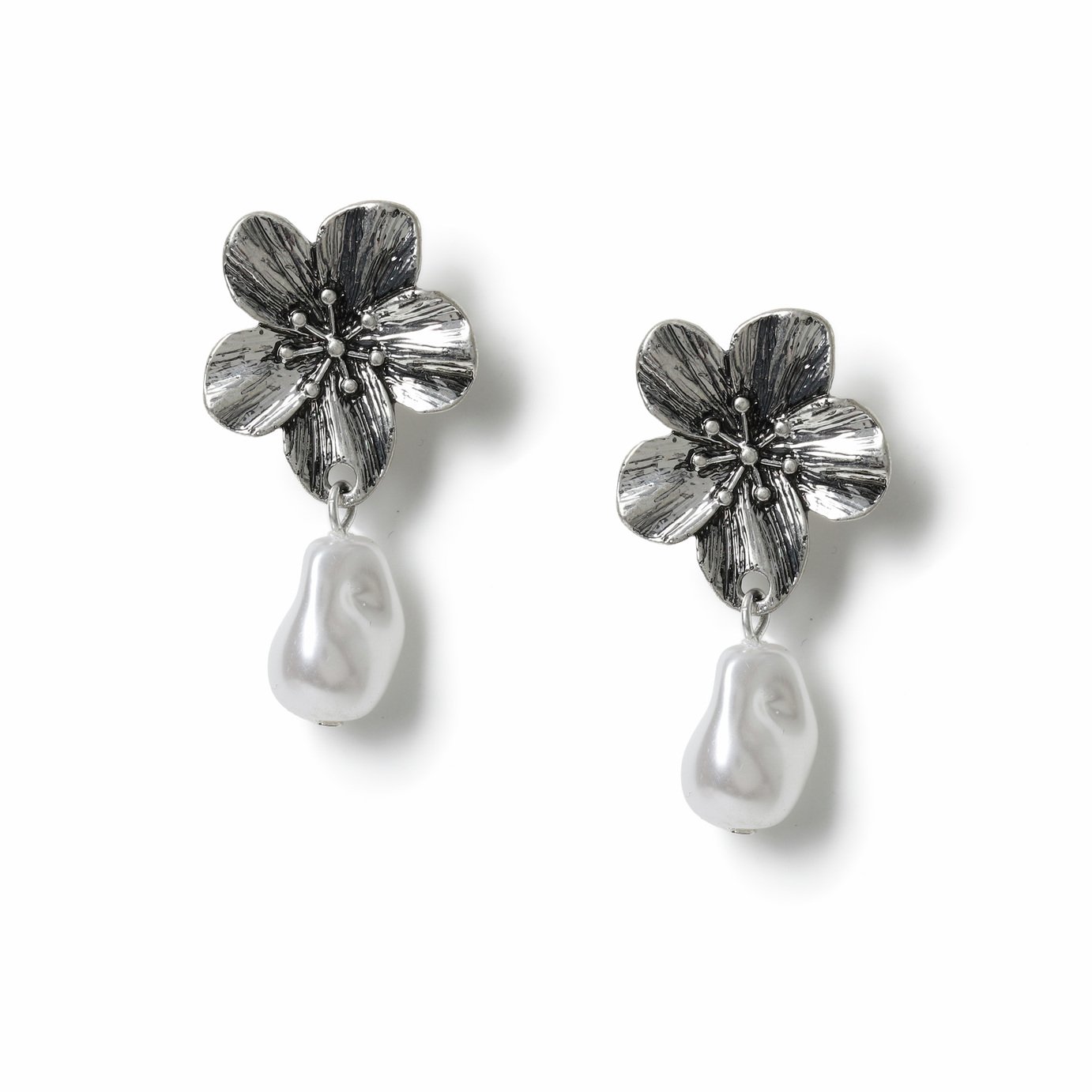 Freedom Silver Flower Pearl Drop Earrings