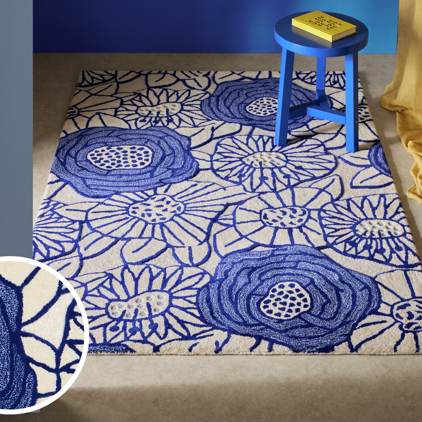 Habitat Scandi Floral Blue Wool Cut Pile Rug - 160x230cm