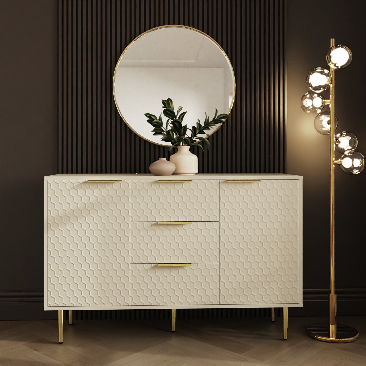 GFW Azariah 2 Door 3 Drawer Sideboard – Ivory