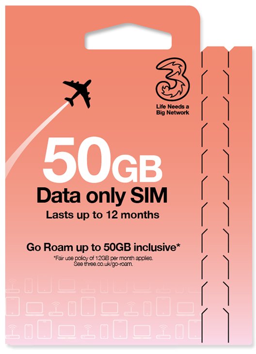 Three 50GB Pay As You Go Data SIM Card