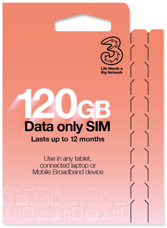Three 120GB Pay As You Go Data SIM Card
