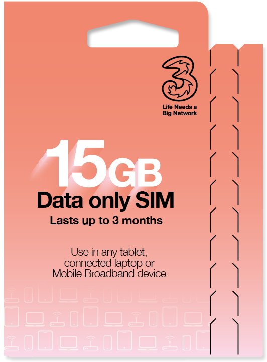 Three 15GB Pay As You Go Data SIM Card