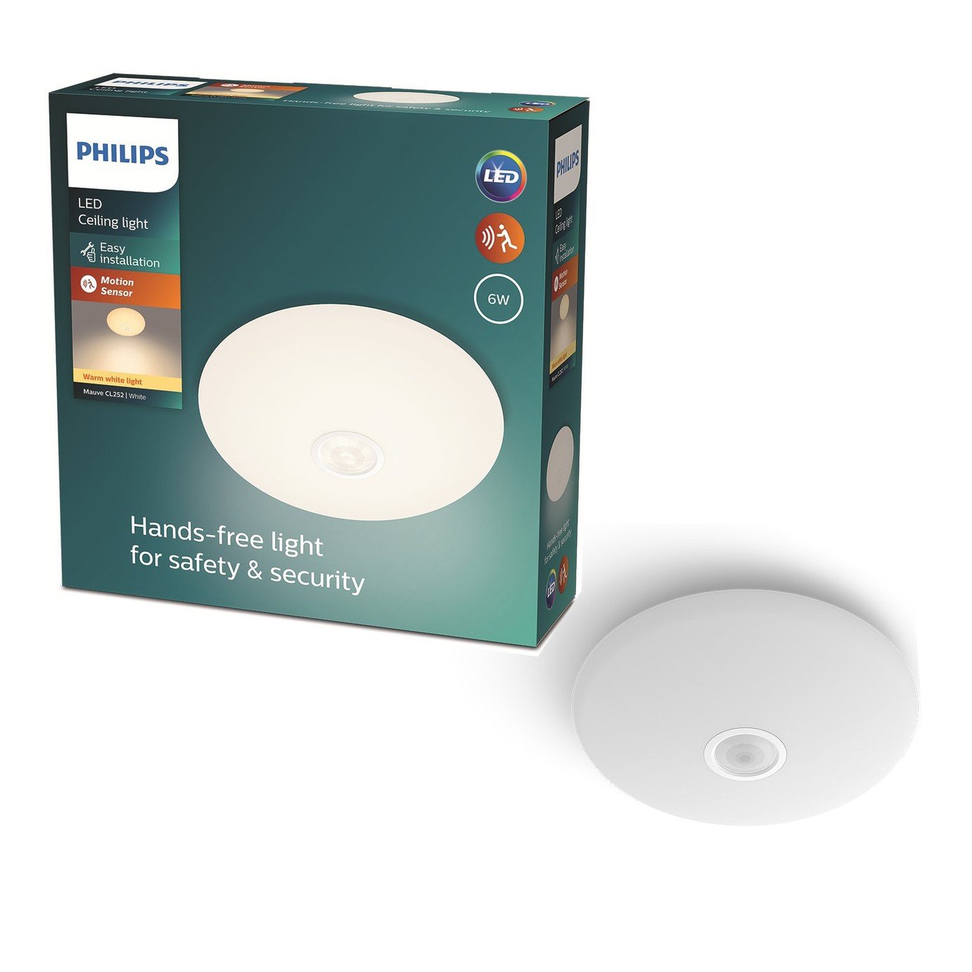Philips Mauve PIR Sensor 6W LED Flush Ceiling Light - White