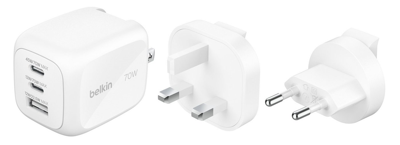 Belkin 3-Port 70W GaN Wall Charger with Plug Tips - White