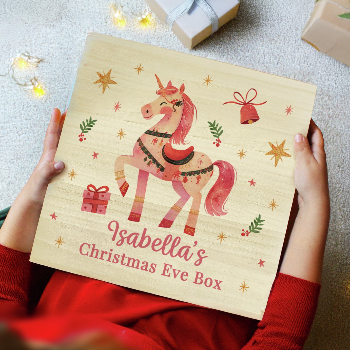 Personalised Pink Unicorn Wooden Christmas Eve Box