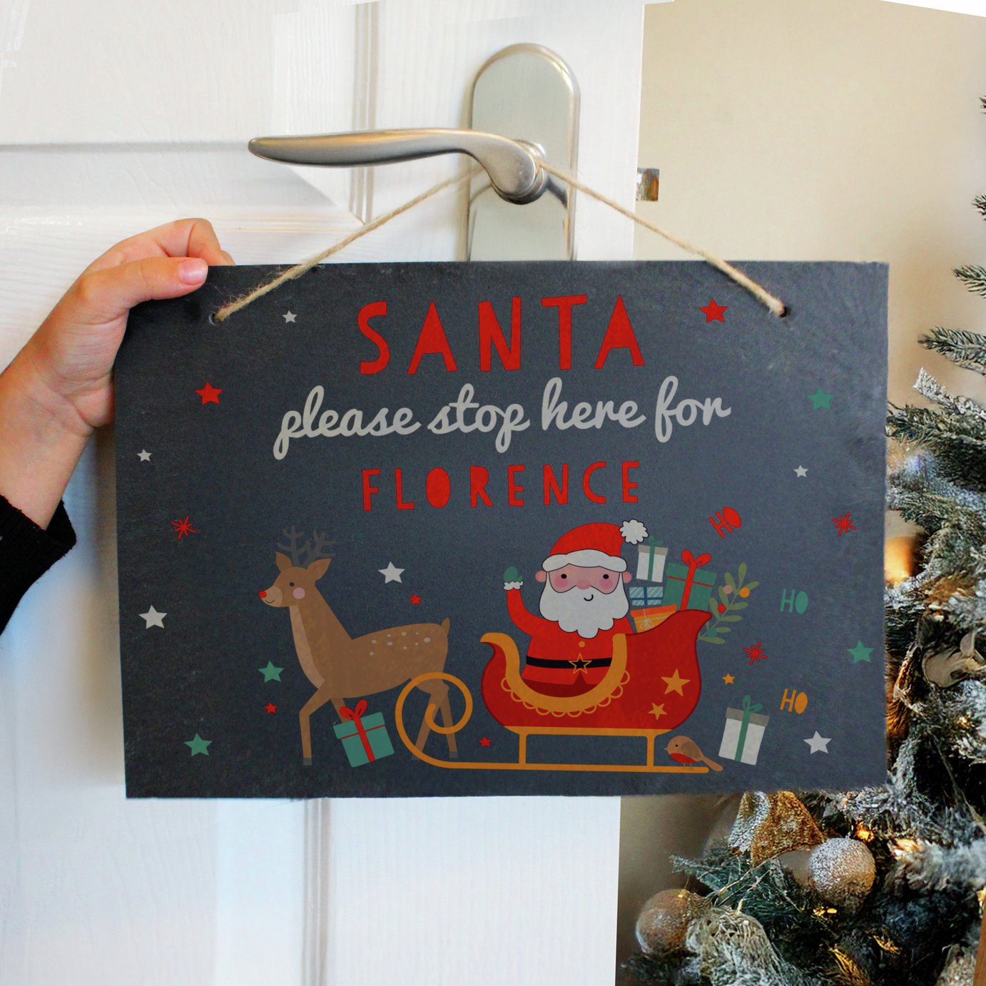 Personalised Message Santa Stop Here Slate Sign