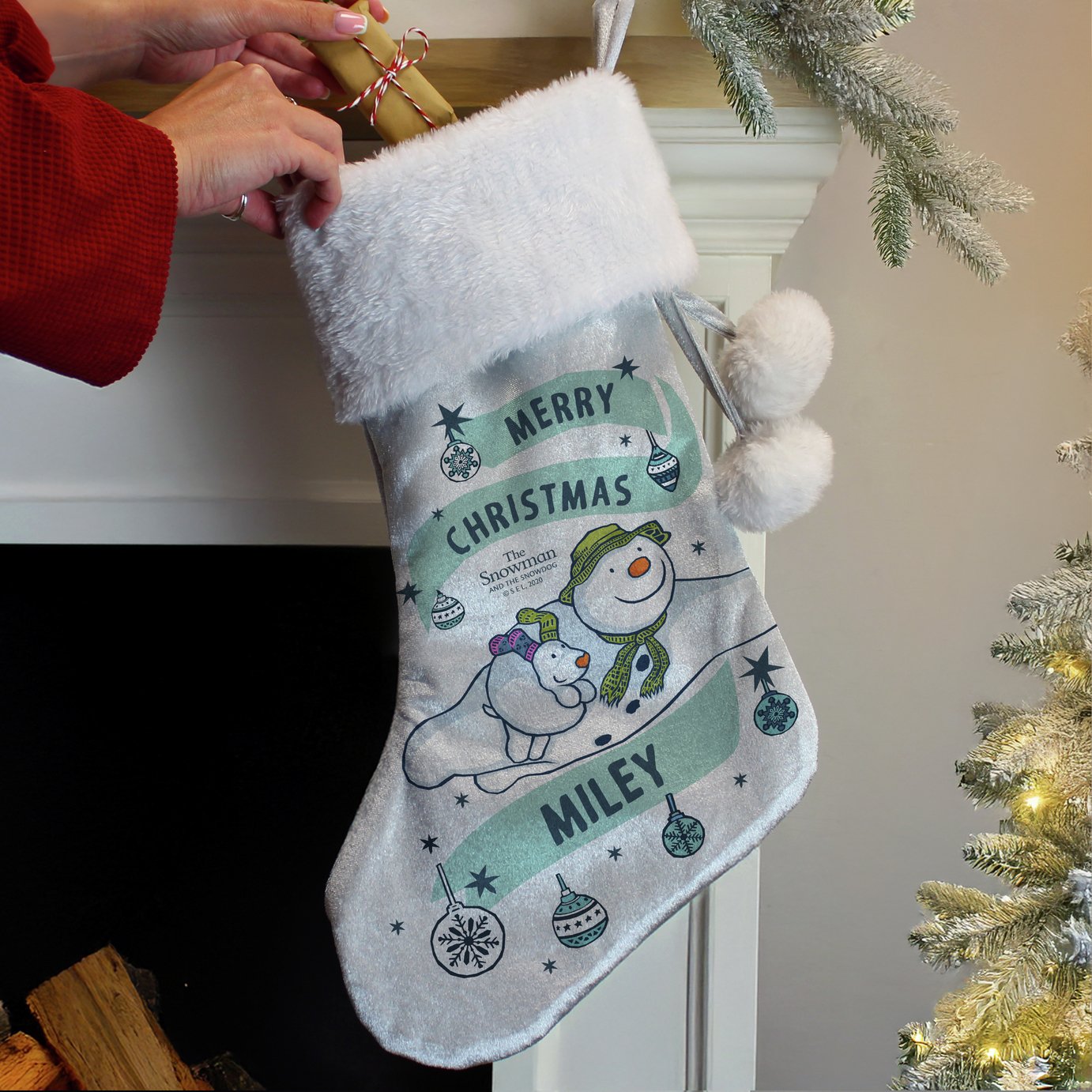 Personalised Message Snowman Grey Stocking