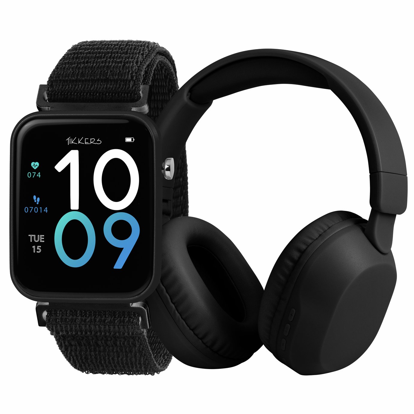 Tikkers Kids Black Smart Watch And Over-Ear Headphone Set