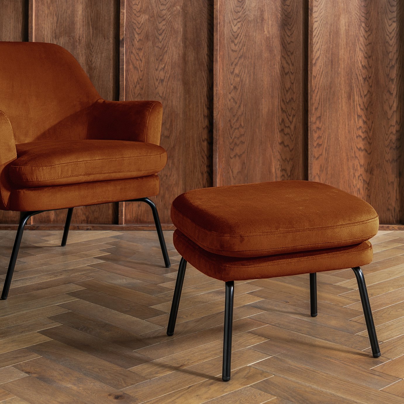 Habitat Celine Velvet Footstool - Orange