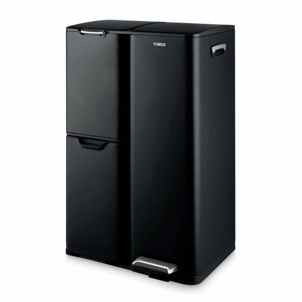 Tower 60L Three Compartment Recycling Pedal Bin - Black