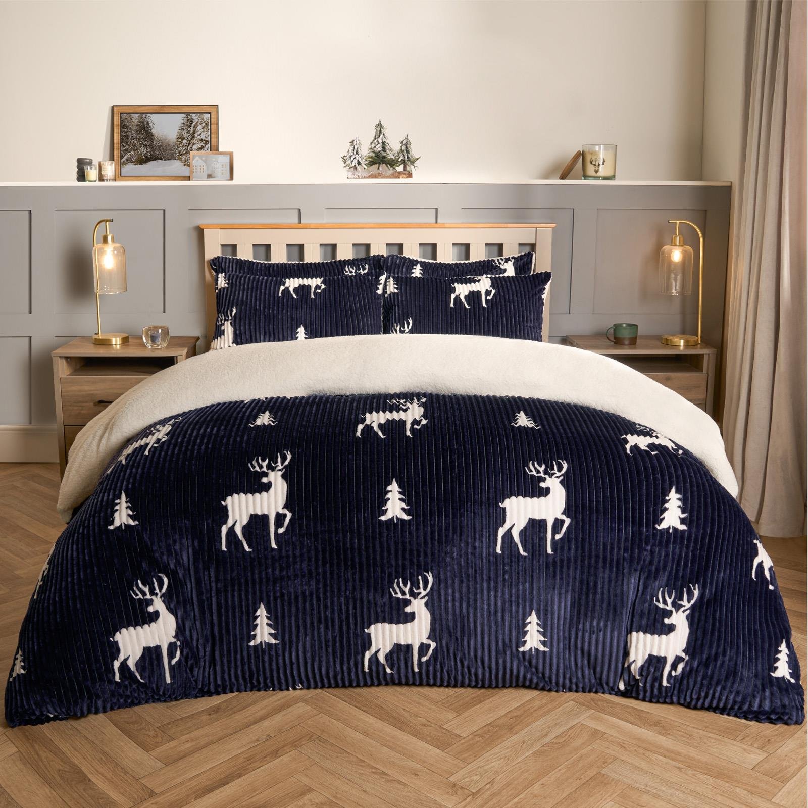 OHS Stag Duvet Cover Bedding Set Soft Ribbed Fleece Dark Navy - Double