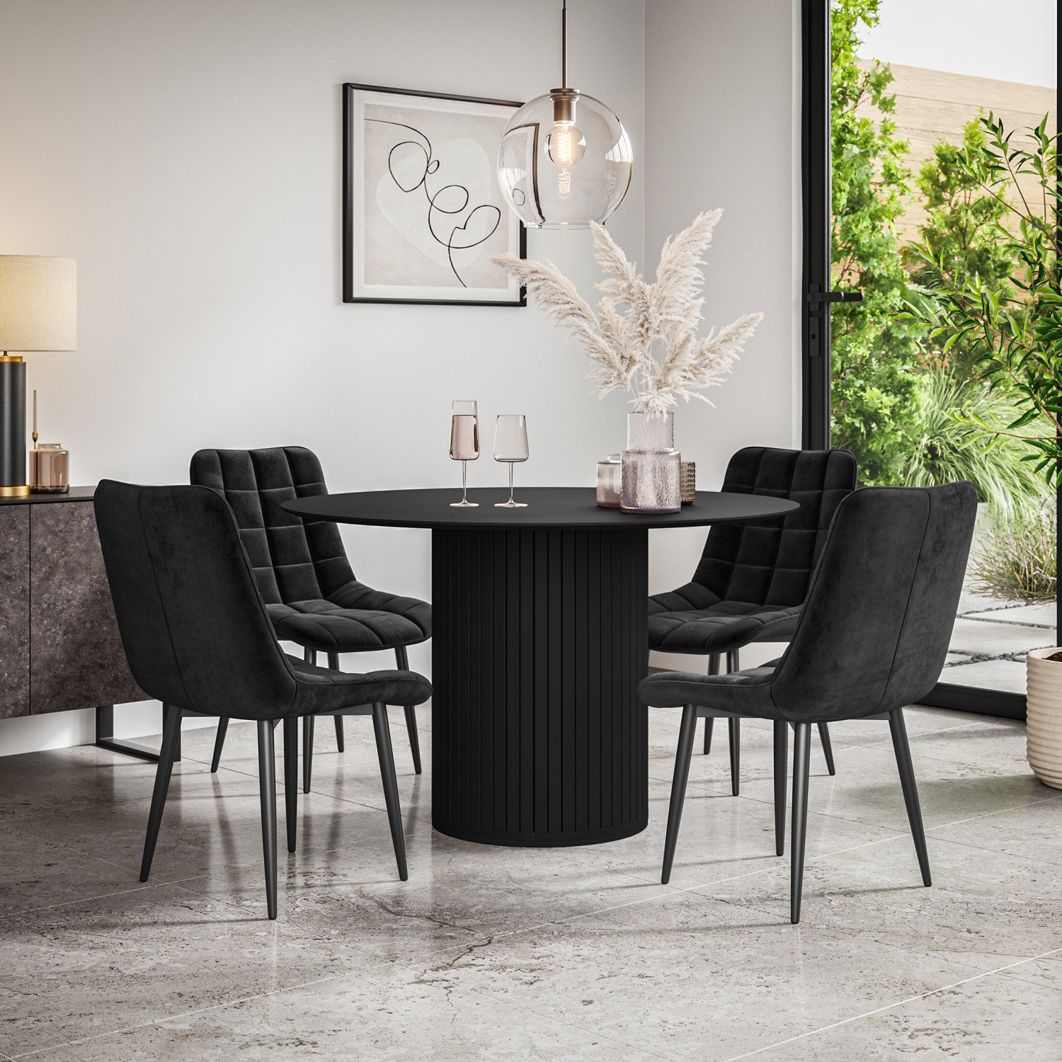Furniture Online Arlo Nova Black Top w Blk Legs Dining Table & 4 Black Chairs