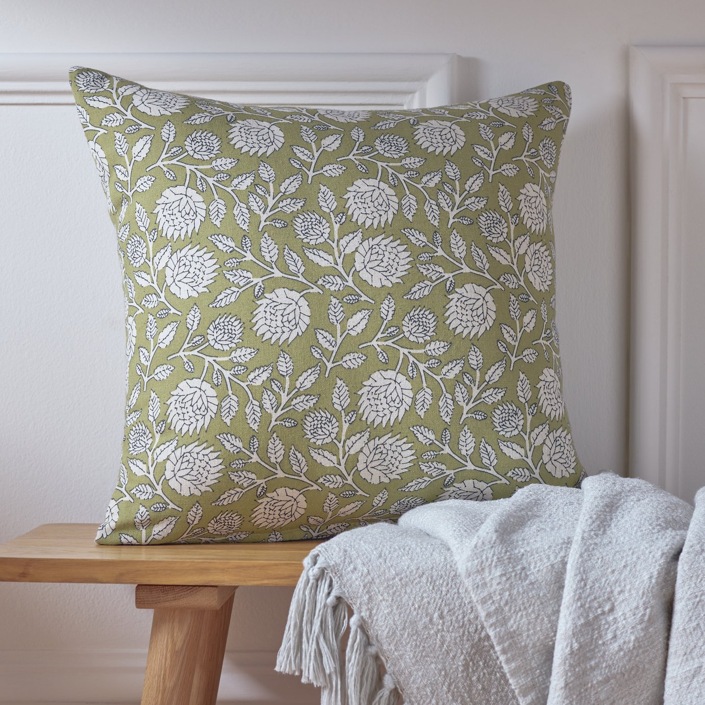 Argos Home Woodblock Floral Cushion Olive - 43x43cm