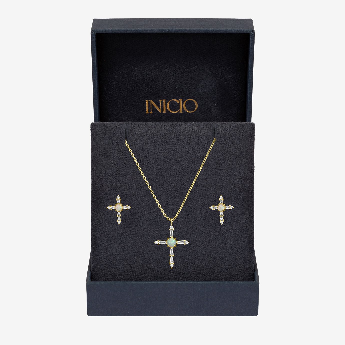 Inicio 14K Gold Plated Cubic Zirconia Opal Cross Set