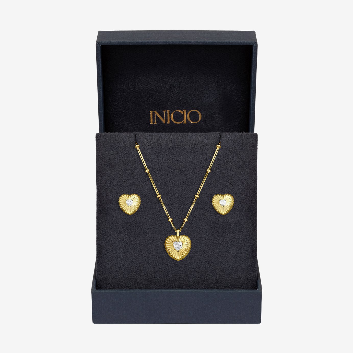 Inicio Gold Plated Ridged Heart Pendant and Earring Set