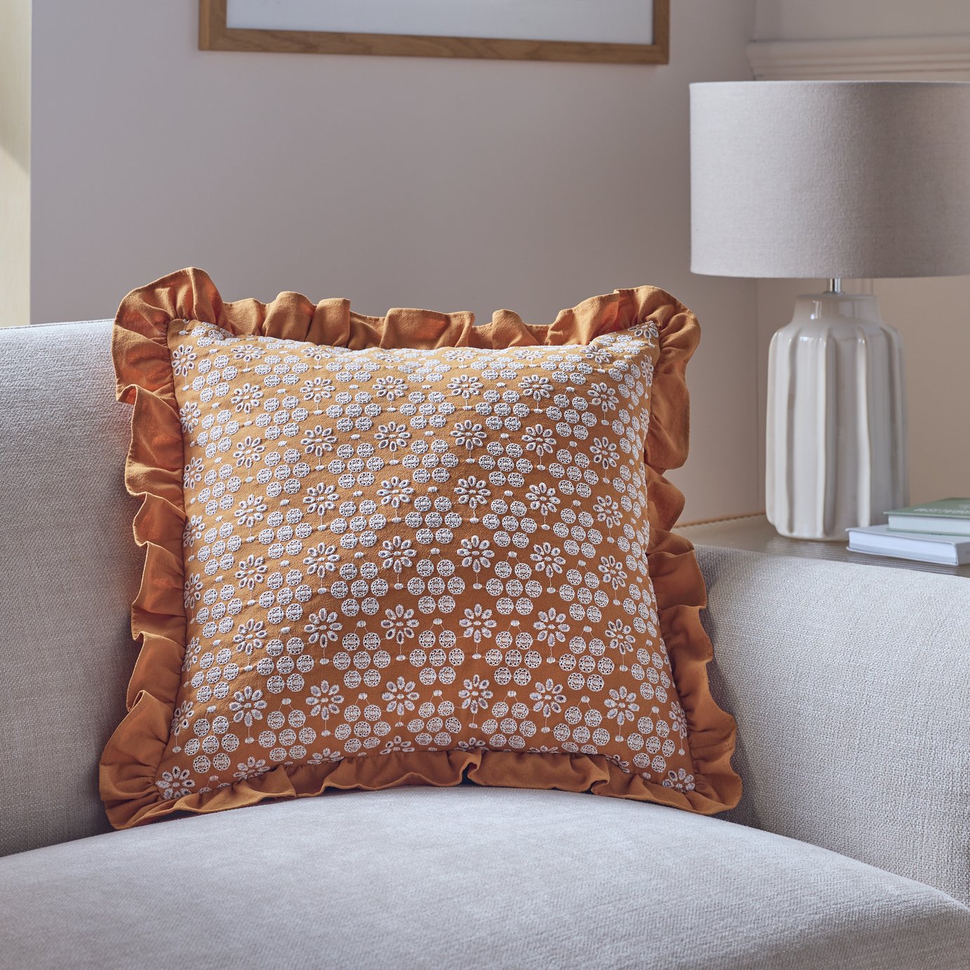 Argos Home Broderie Anglaise Frill Cushion Mustard - 43x43cm