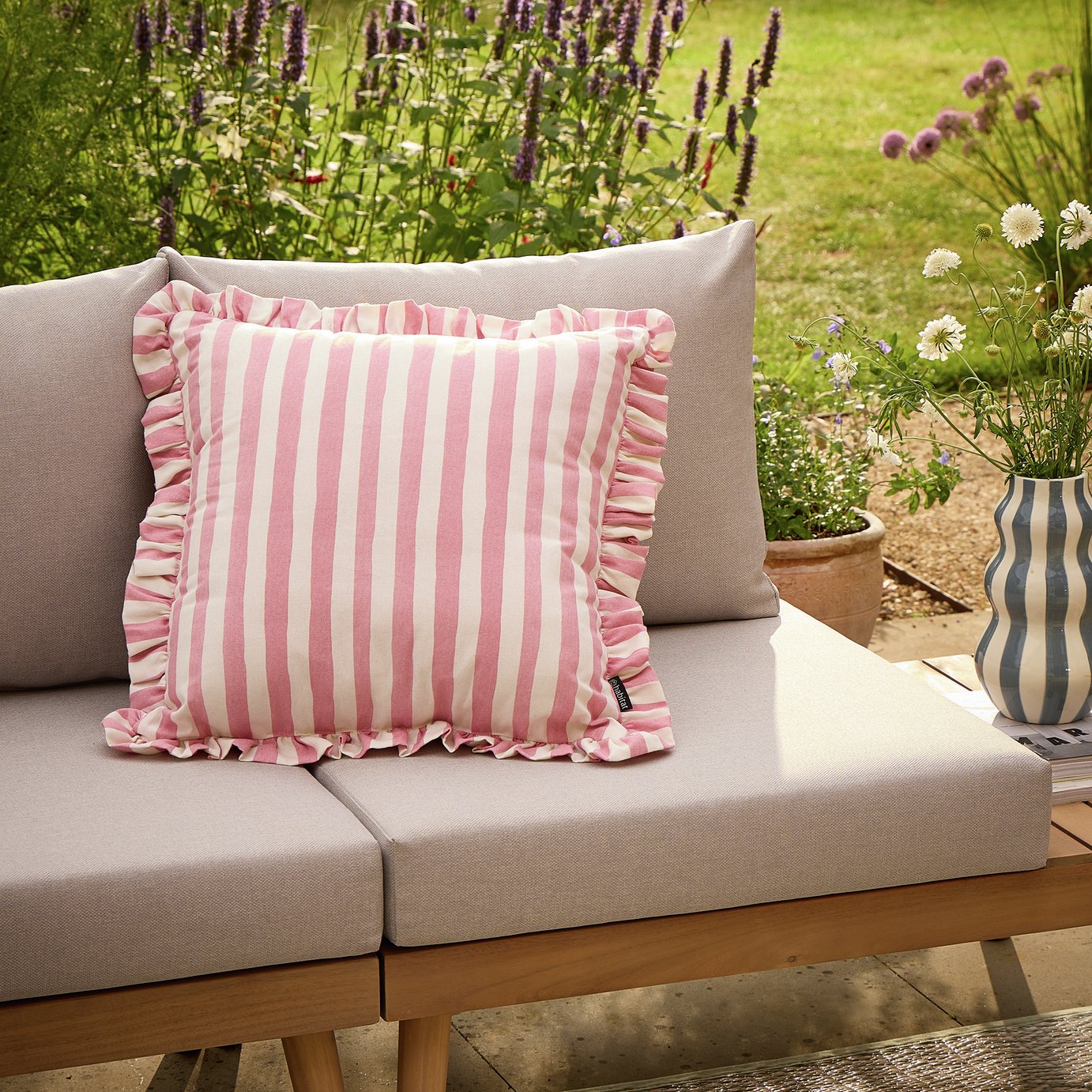 Argos Home Pink Striped Outdoor Cushion with Frill