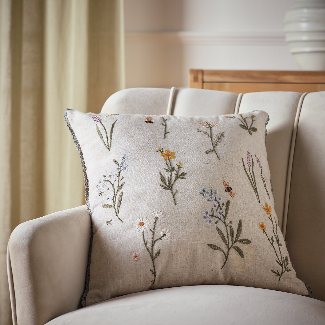 Argos Home Floral Stems Embroidered Cushion Beige - 43x43cm