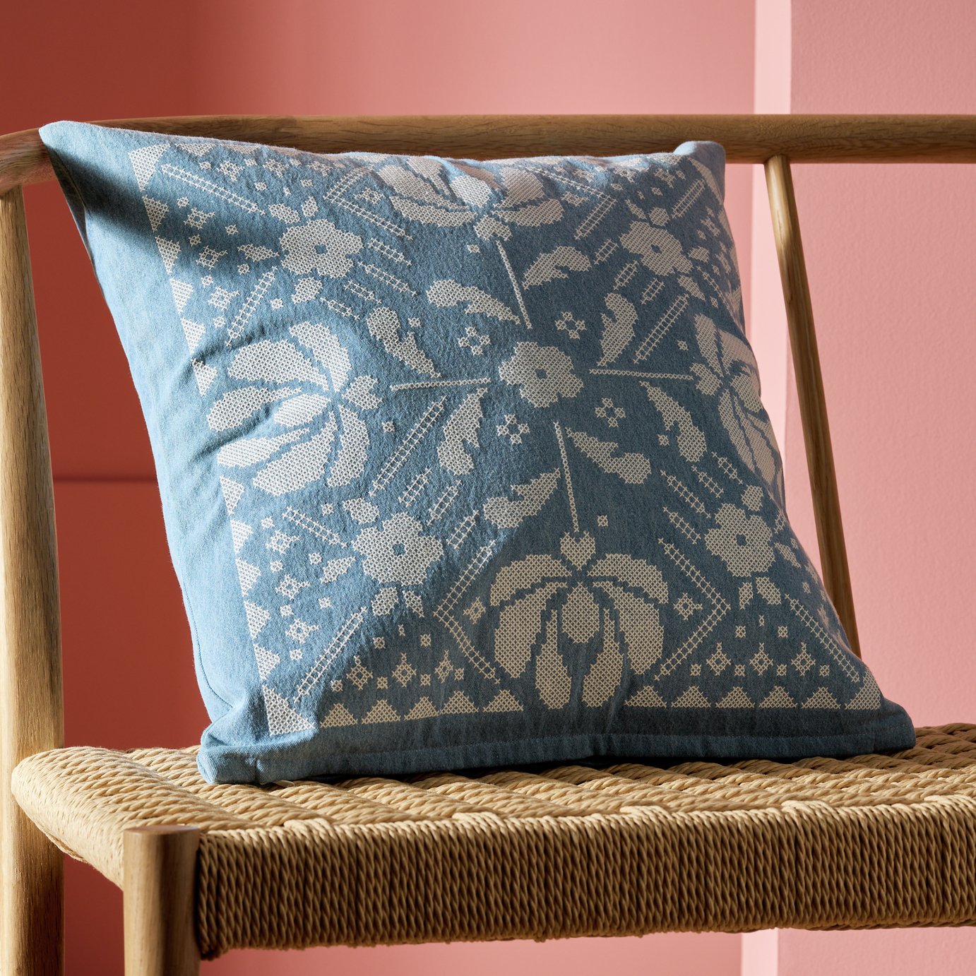 Habitat Folk Floral Stitch Denim Cushion Blue - 43x43cm