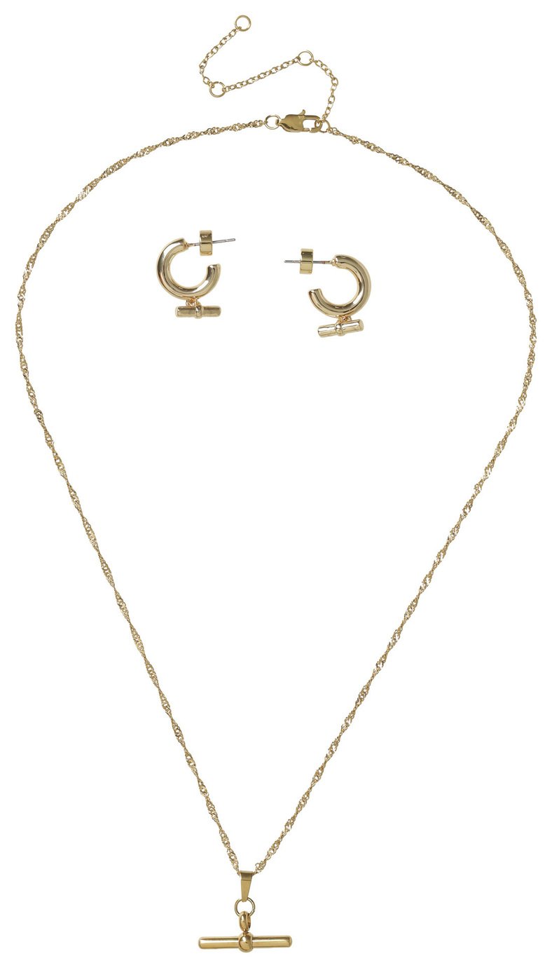 Liars & Lovers Gold Tone T-Bar Earrings and Necklace Set