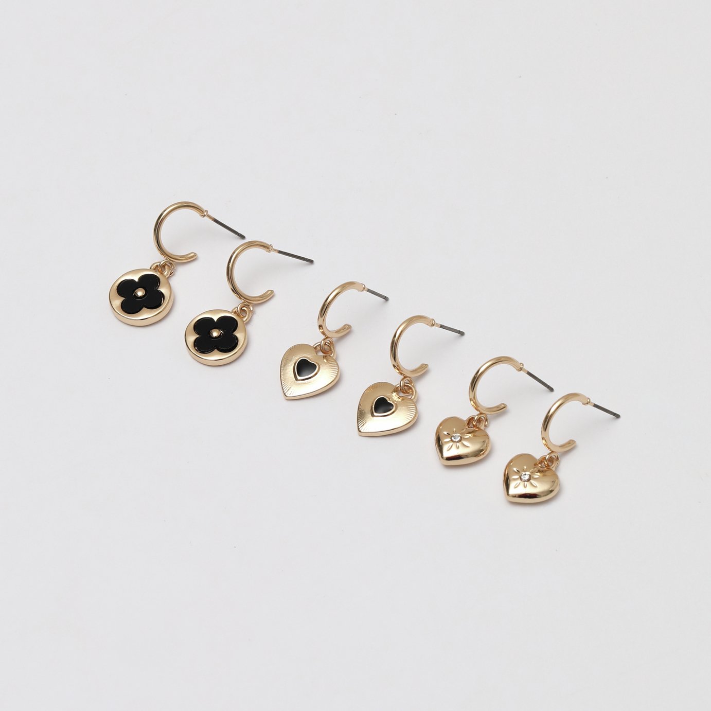 Lipsy Gold Jet Heart & Clover Huggie Charm Earrings Set 