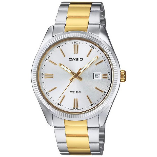 Buy Casio Two Tone White Dial Stainless Steel Bracelet Watch Men s watches Argos