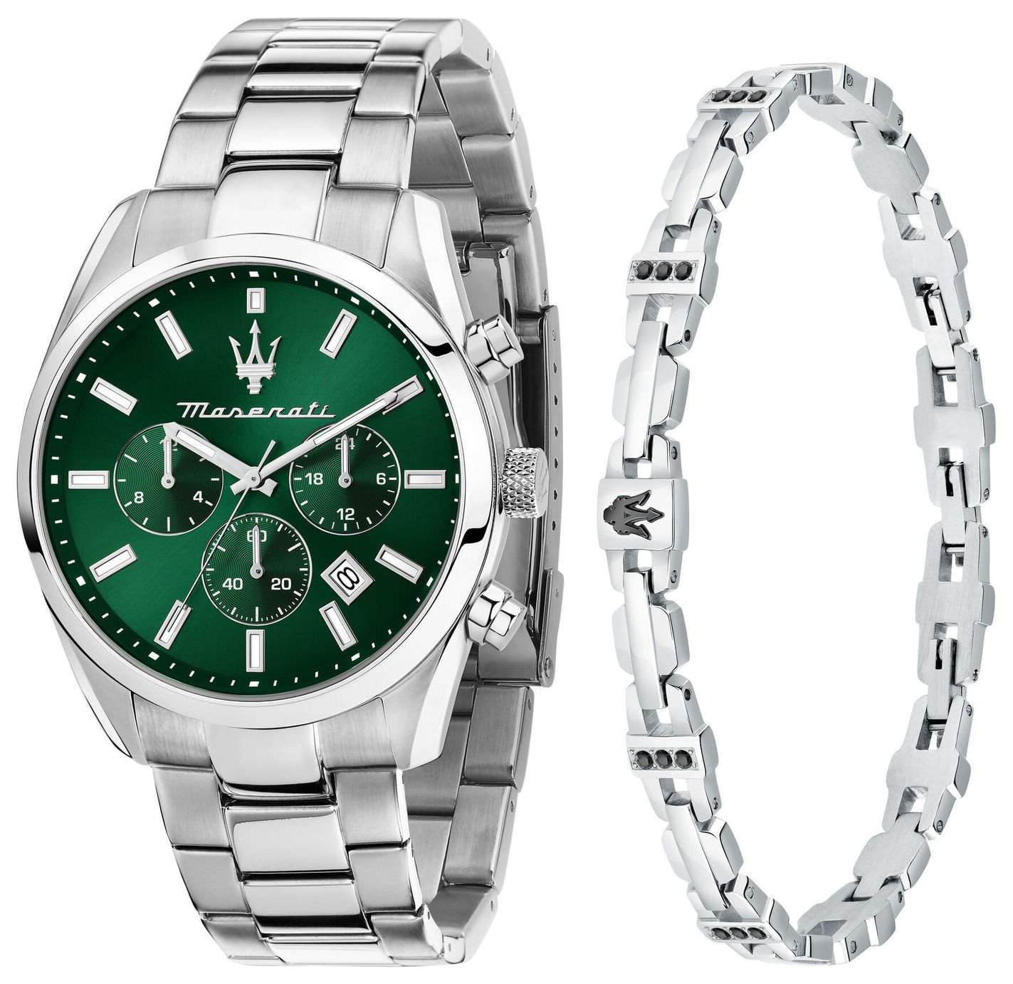 Maserati Green Dial Silver Stainless Steel Back Watch Set