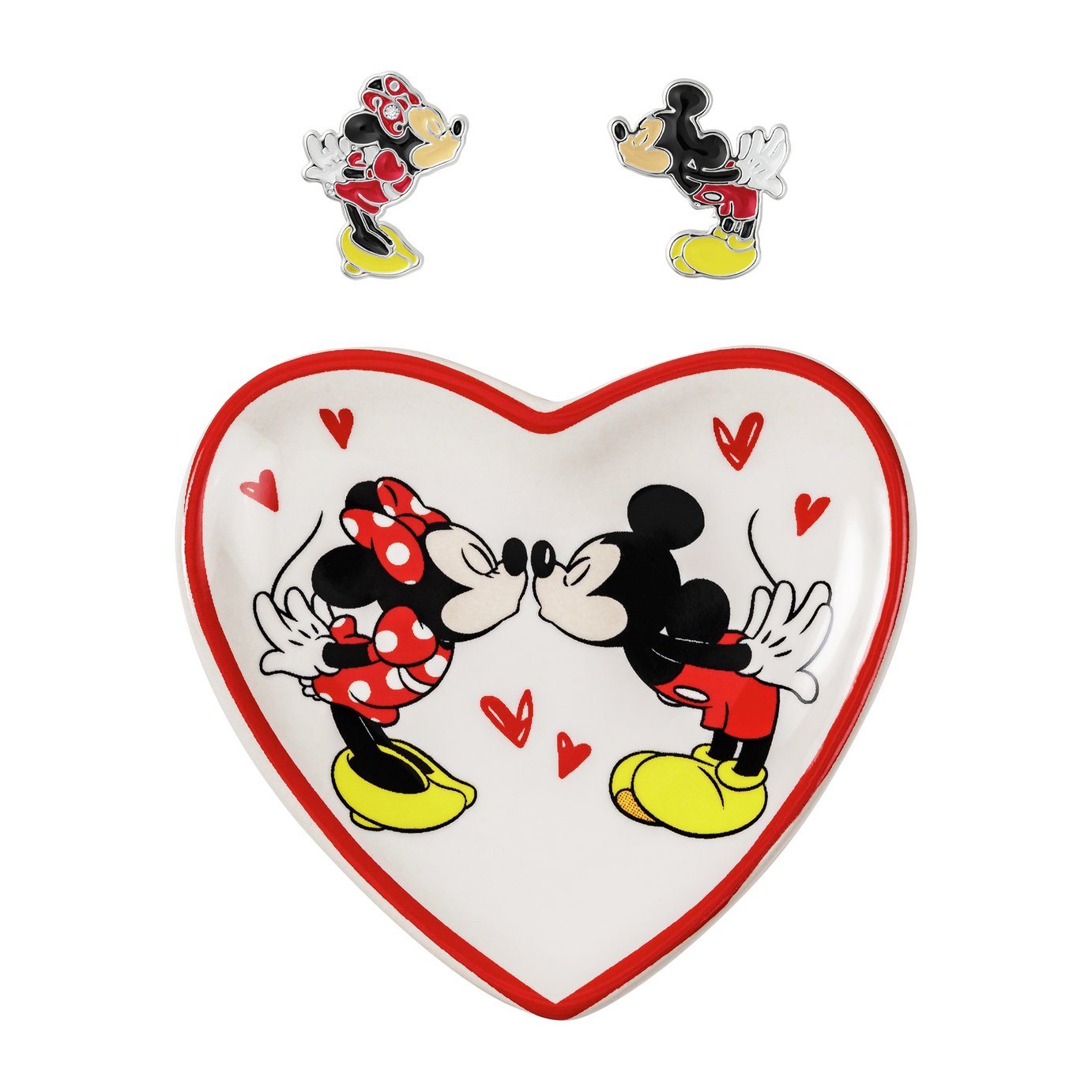 Disney Mickey and Minnie Mouse Earrings and Trinket Tray Set